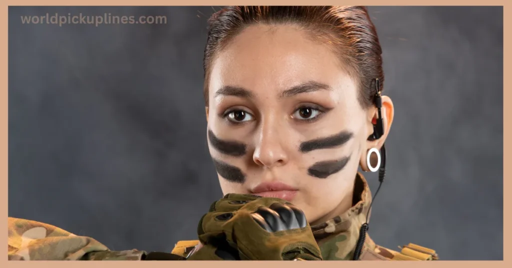 A female military tactical operative with camouflage face paint staring directly ahead against a grey background.