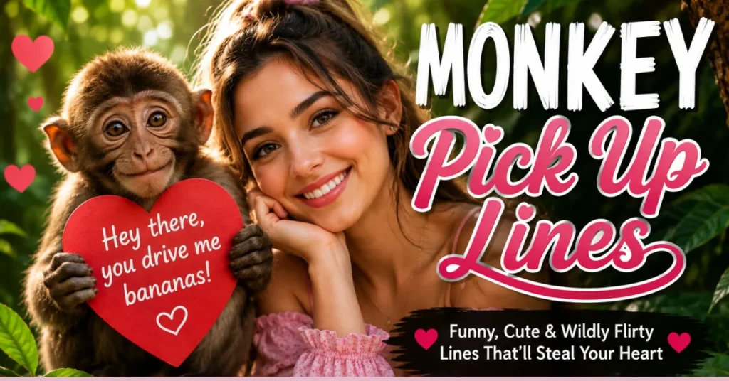 A smiling young woman posing next to a cute monkey holding a red heart sign that says "Hey there, you drive me bananas!" with text reading "Monkey Pick Up Lines."