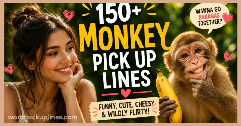 A smiling young woman and a cheeky monkey holding a banana, alongside text reading "150+ Monkey Pick Up Lines."