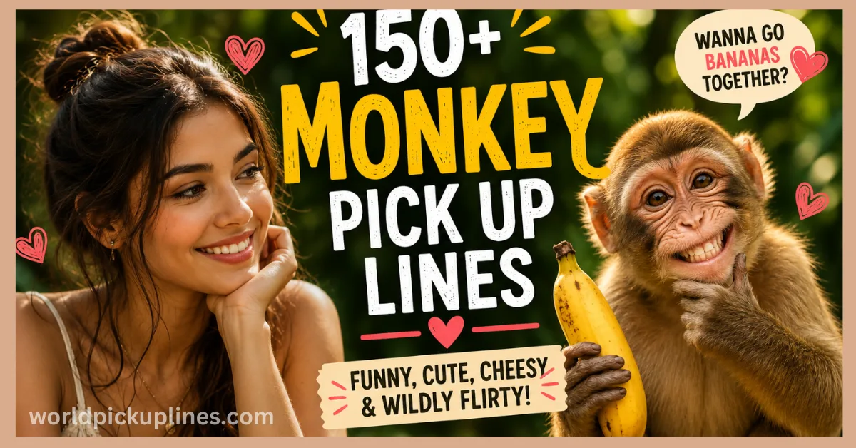 A smiling young woman and a cheeky monkey holding a banana, alongside text reading "150+ Monkey Pick Up Lines."