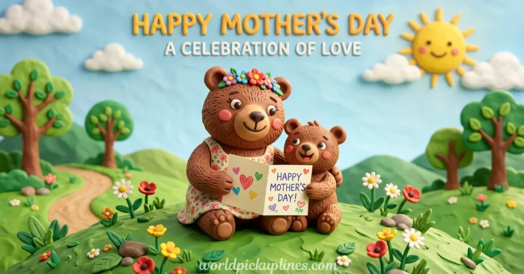 Claymation mother bear and baby bear sitting on a grassy hill holding a "Happy Mother's Day" card.