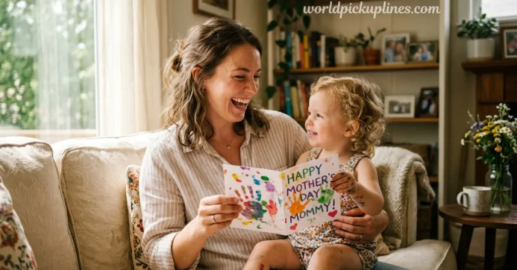 A mother sitting on a couch laughing as her young child holds a colorful, handprinted Mother's Day card.