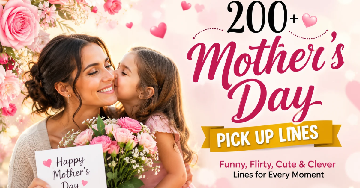 A mother holding flowers and a card while her young daughter kisses her cheek, alongside text reading "200+ Mother's Day Pick Up Lines."