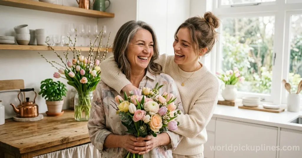A young woman hugging her smiling mother from behind in a kitchen as the mother holds a colorful bouquet of flowers.