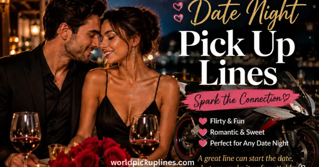 A romantic couple at a candlelit dinner with a sport motorcycle in the background, next to text reading "Date Night Pick Up Lines."