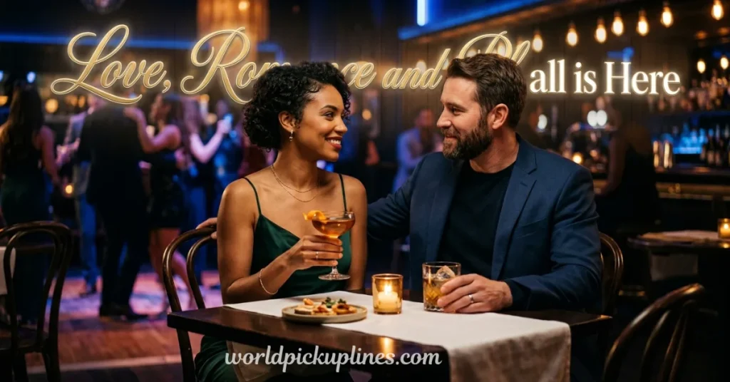 A couple enjoying drinks at a dimly lit nightclub table beneath golden text reading "Love, Romance and Pleasure all is Here."