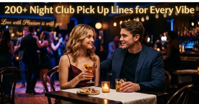 A young couple sitting together at a dimly lit nightclub table with drinks, beneath text reading "200+ Night Club Pick Up Lines for Every Vibe."