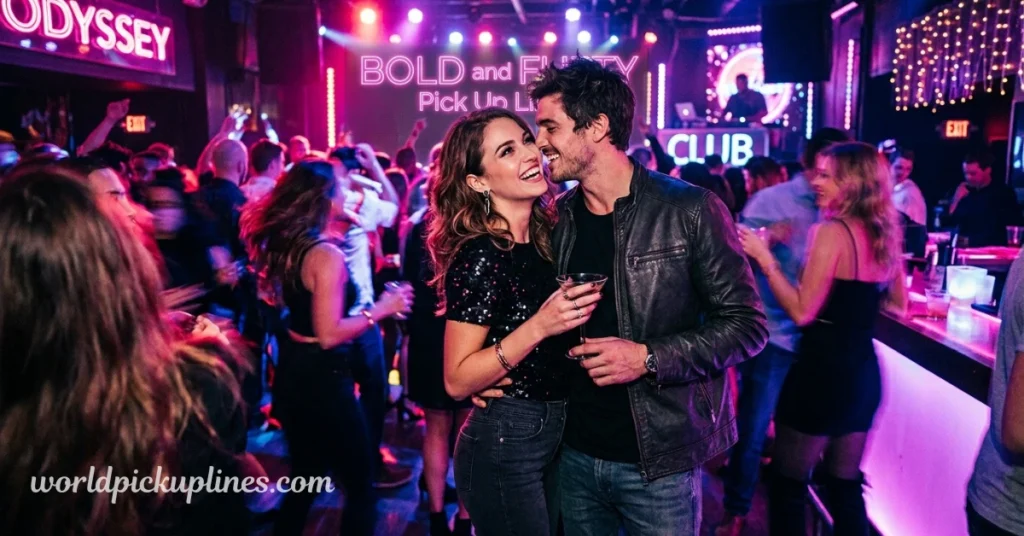 A smiling man and woman holding drinks on a crowded nightclub dance floor, under pink lighting with neon signs in the background reading "ODYSSEY" and "BOLD and Flirty Pick Up Lines."