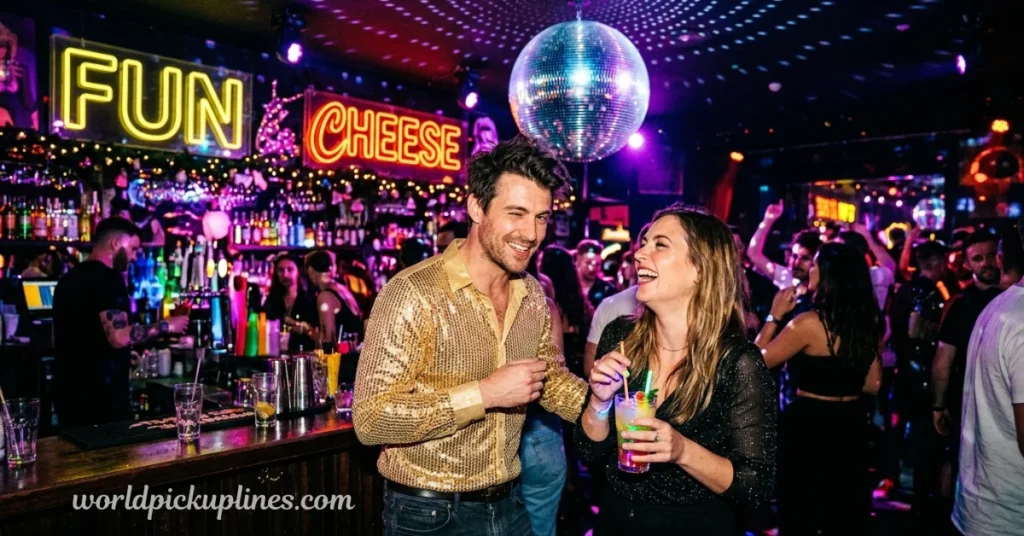 A man in a sparkling gold shirt laughing with a woman holding a cocktail near a bar underneath neon signs and a disco ball.