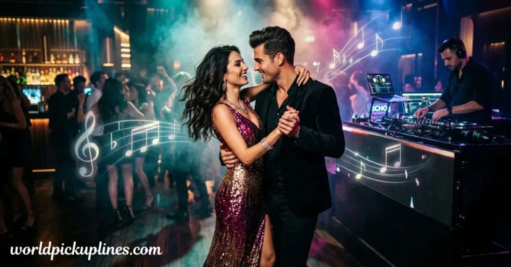 A glamorous couple holding hands and dancing near a DJ booth in a crowded nightclub with musical notes floating around them.