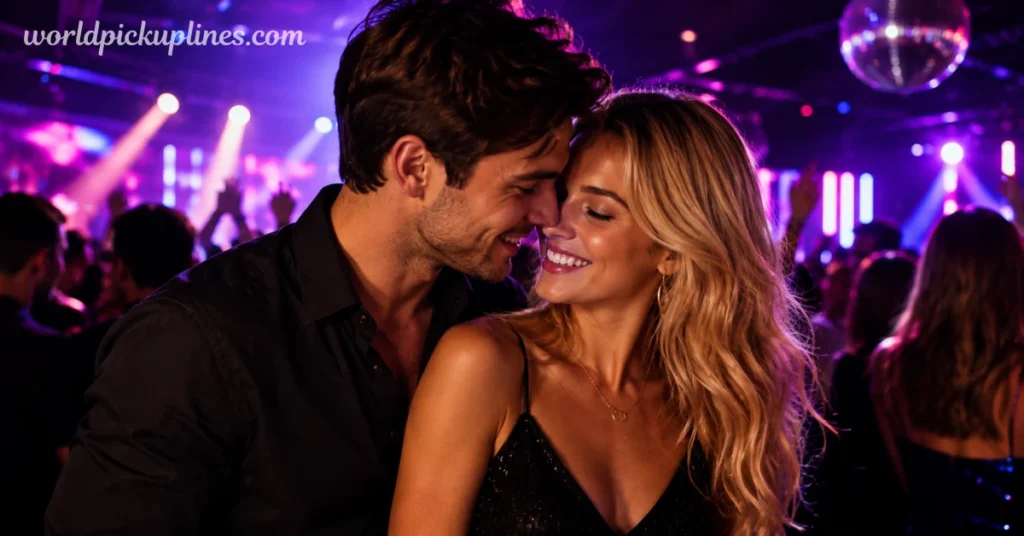 A smiling couple leaning in close to touch noses on a crowded dance floor in a nightclub with purple and pink stage lights.