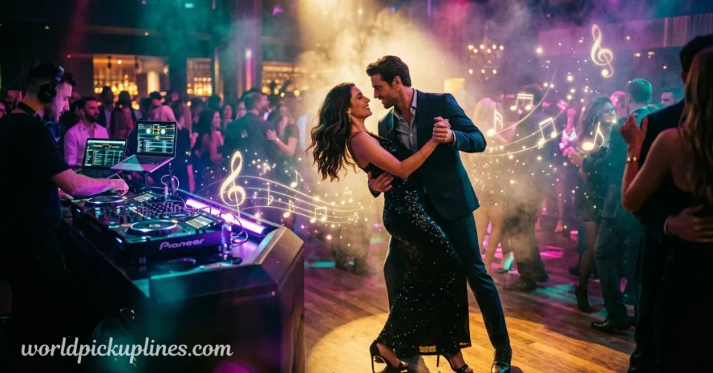A couple dancing closely on a dimly lit nightclub floor beside a DJ booth, surrounded by glowing musical notes and stage lights.
