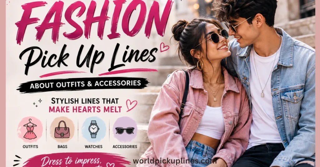 A young couple sitting together on outdoor stone steps smiling, next to text reading "Fashion Pick Up Lines About Outfits & Accessories."