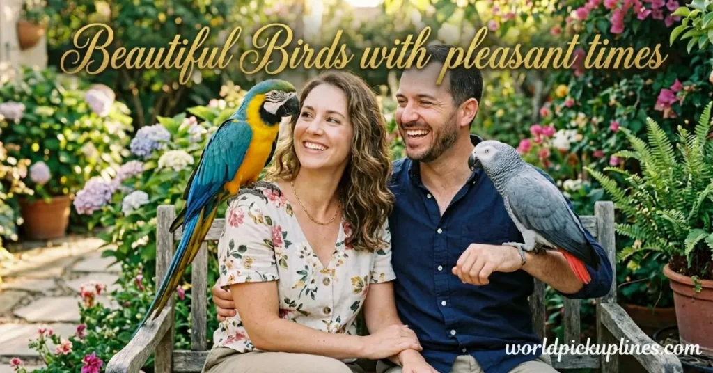 Smiling couple outdoors on a bench holding a blue-and-yellow macaw and an African grey parrot, with text reading "Beautiful Birds with pleasant times."