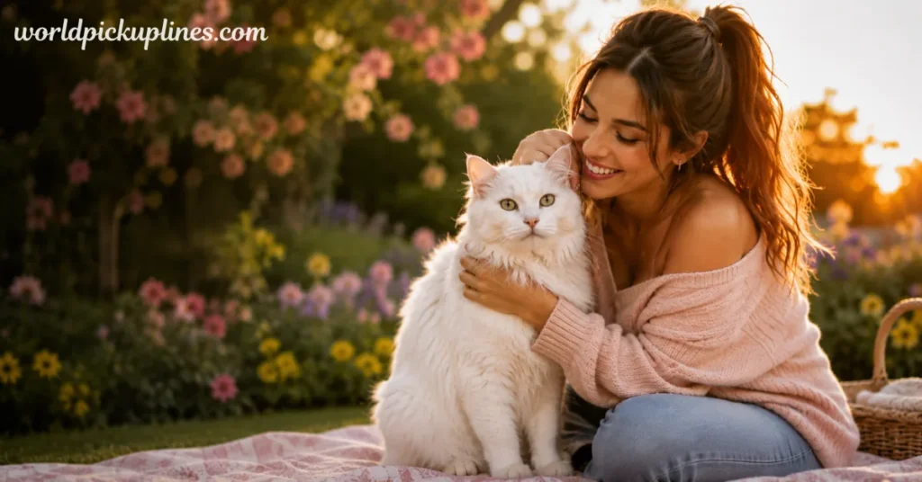 Smiling woman hugging a fluffy white cat outdoors on a blanket in a garden, with "worldpickuplines.com" overlayed in the top left corner.