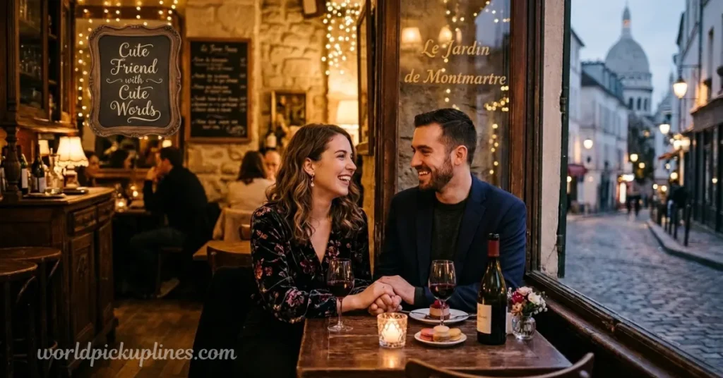 Couple holding hands at a romantic candlelit restaurant window with wine and desserts, with framed text reading "Cute Friend with Cute Words."