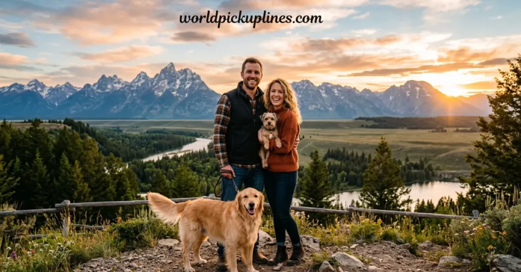 Smiling couple standing outdoors at sunset in front of mountains with a Golden Retriever and a small terrier, with "worldpickuplines.com" centered at the top.