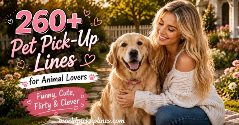 Graphic featuring a smiling woman hugging a Golden Retriever outdoors, alongside text reading "260+ Pet Pick-Up Lines for Animal Lovers: Funny, Cute, Flirty & Clever."