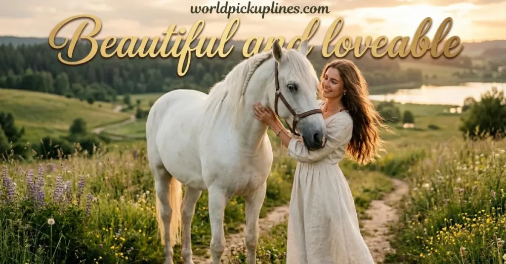 Woman in a white dress standing in a scenic meadow and petting a white horse, with text reading "Beautiful and loveable."