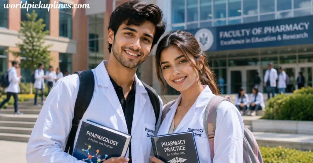 Two smiling pharmacy students holding textbooks in front of a university pharmacy building.