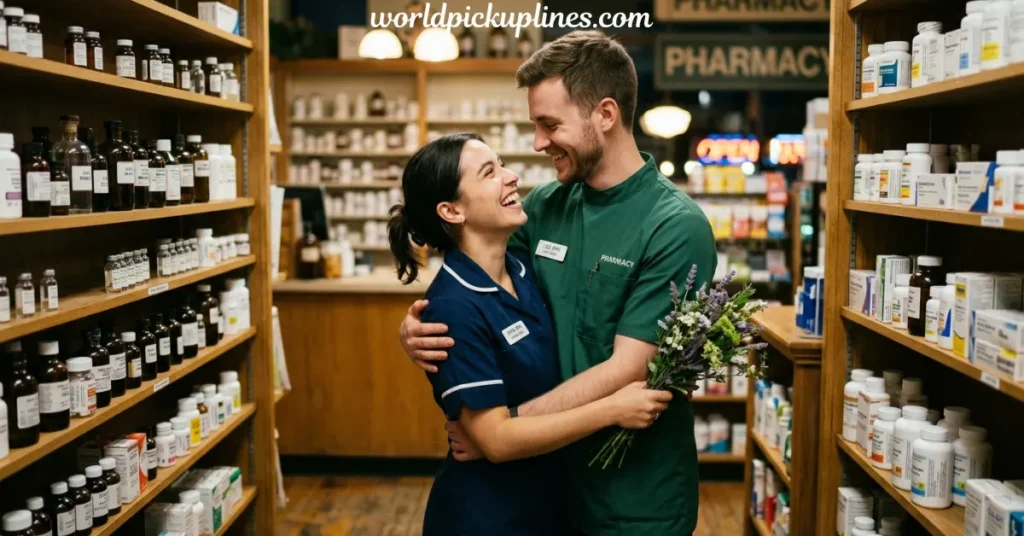 A laughing pharmacy worker and a male pharmacist hugging between medicine shelves while holding flowers.