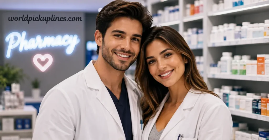 A smiling male and female pharmacist in white lab coats posing together in a pharmacy.