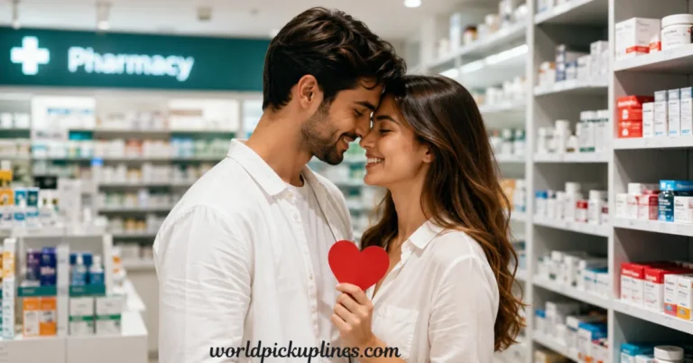A smiling couple touching foreheads and holding a paper heart inside a pharmacy.