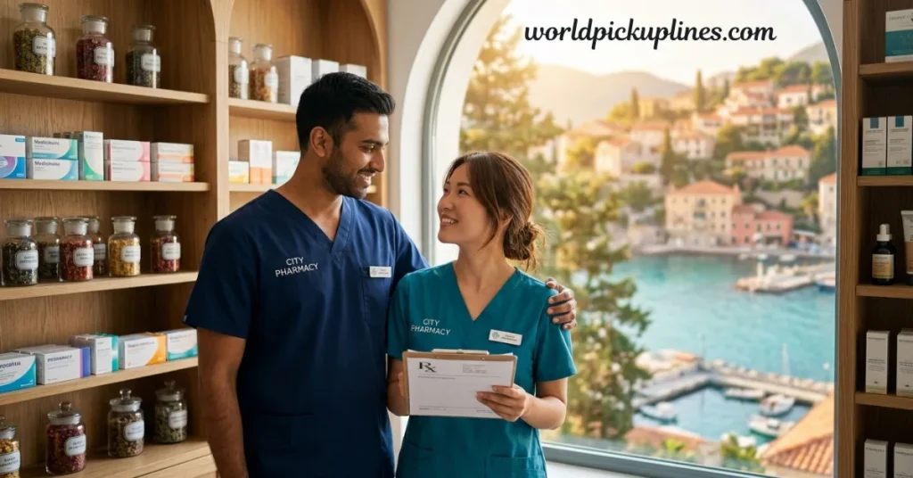 Two pharmacy workers in scrubs smiling at each other inside a shop overlooking a coastal town.