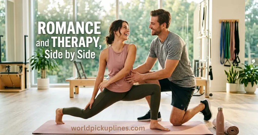 A male instructor assisting a smiling woman in a lunge stretch on a yoga mat, with text reading "ROMANCE and THERAPY, Side by Side."