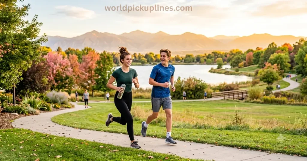 A young man and woman jogging together along a scenic park path with a lake and mountains in the background.