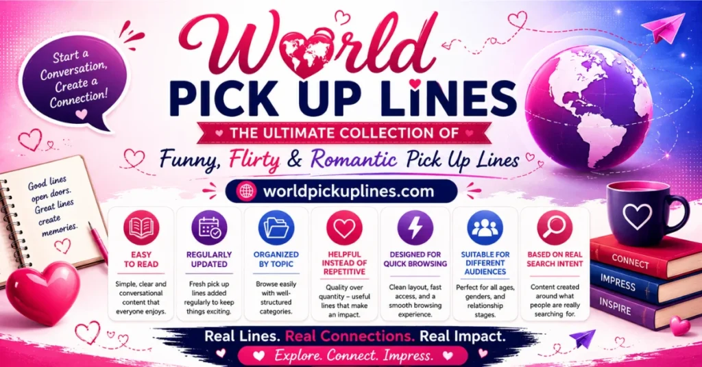 Promotional graphic for WorldPickUpLines.com featuring bold cursive typography, website features, a purple globe, and romantic motifs like hearts, coffee mugs, and books.