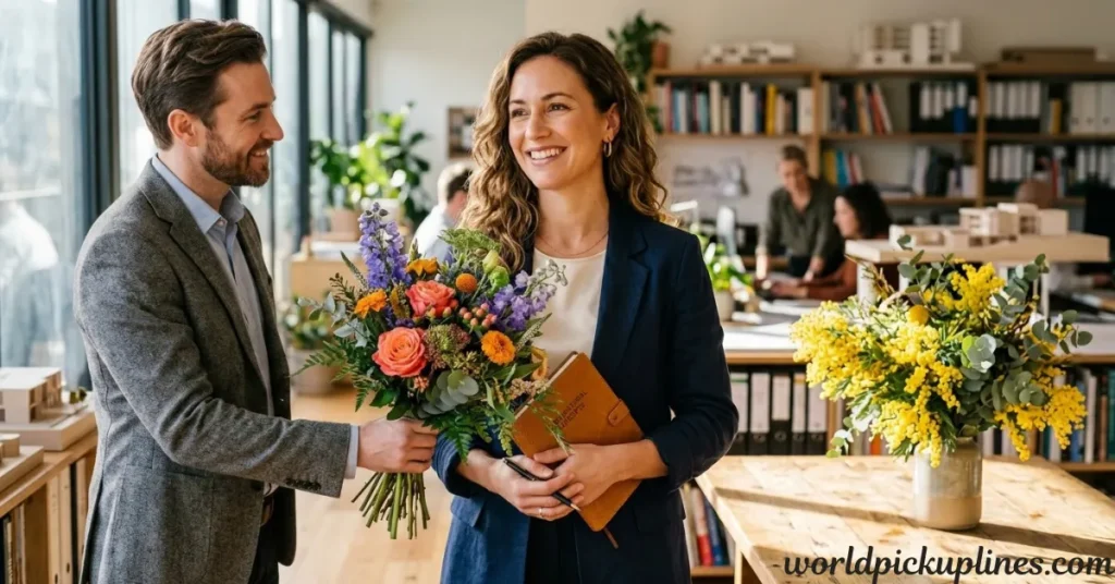 A man in a suit giving a colorful bouquet of flowers to a female colleague holding a journal in an office setting.