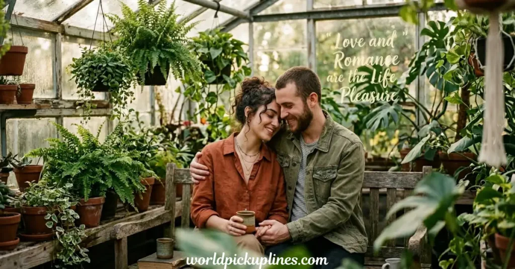 A romantic couple cuddling on a wooden bench inside a lush greenhouse filled with potted plants, with text reading "Love and Romance are the Life Pleasure."