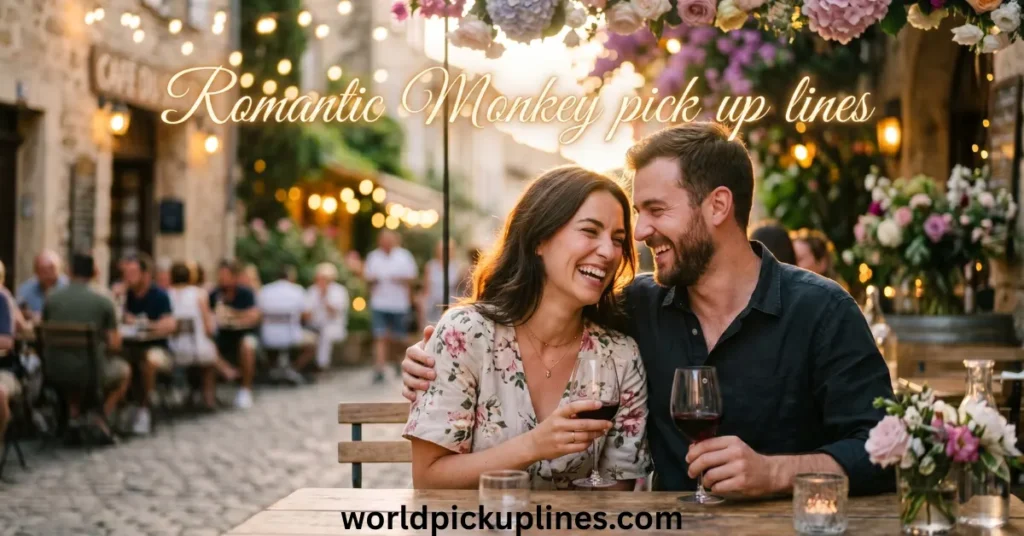 A smiling couple holding wine glasses and laughing together at an outdoor European café with text reading "Romantic Monkey pick up lines."