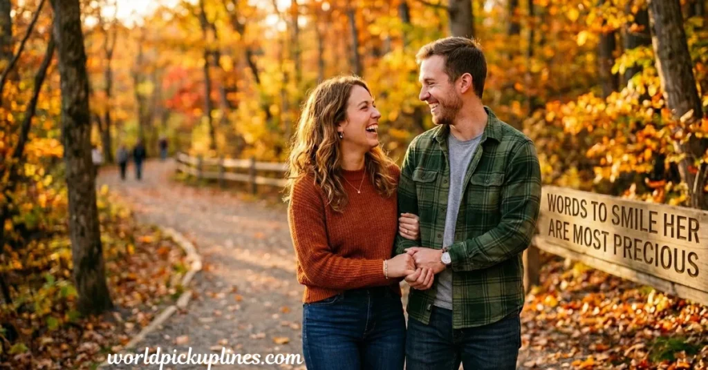 A happy couple walking together along a trail in an autumn forest, beside a wooden sign that reads "WORDS TO SMILE HER ARE MOST PRECIOUS."