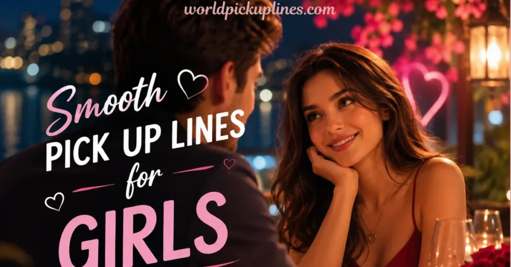 A smiling woman looking admiringly at a man during a romantic dinner date, with text overlay reading "Smooth Pick Up Lines for Girls" and the watermark "worldpickuplines.com."
