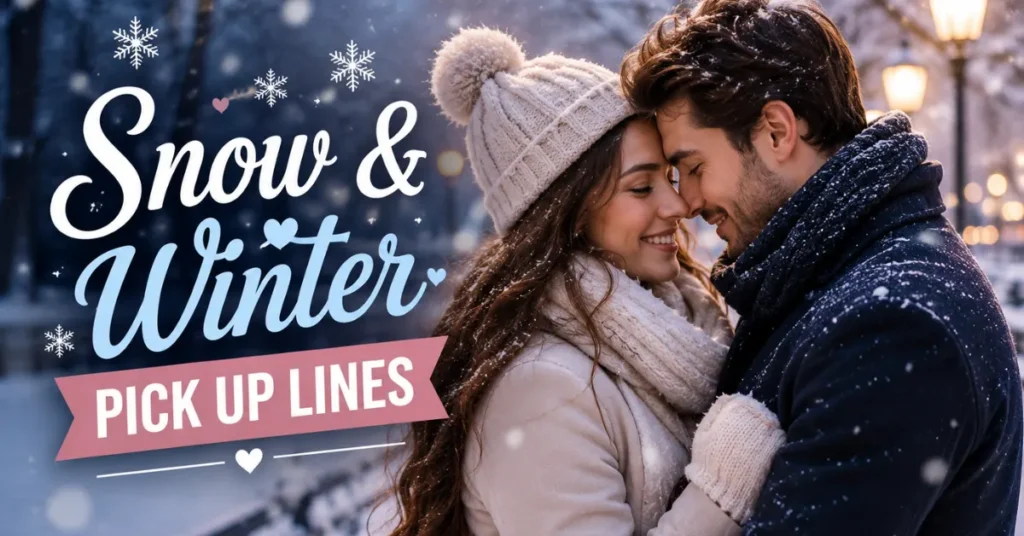 A smiling couple touching foreheads in a snowy winter scene next to decorative text that reads "Snow & Winter PICK UP LINES."