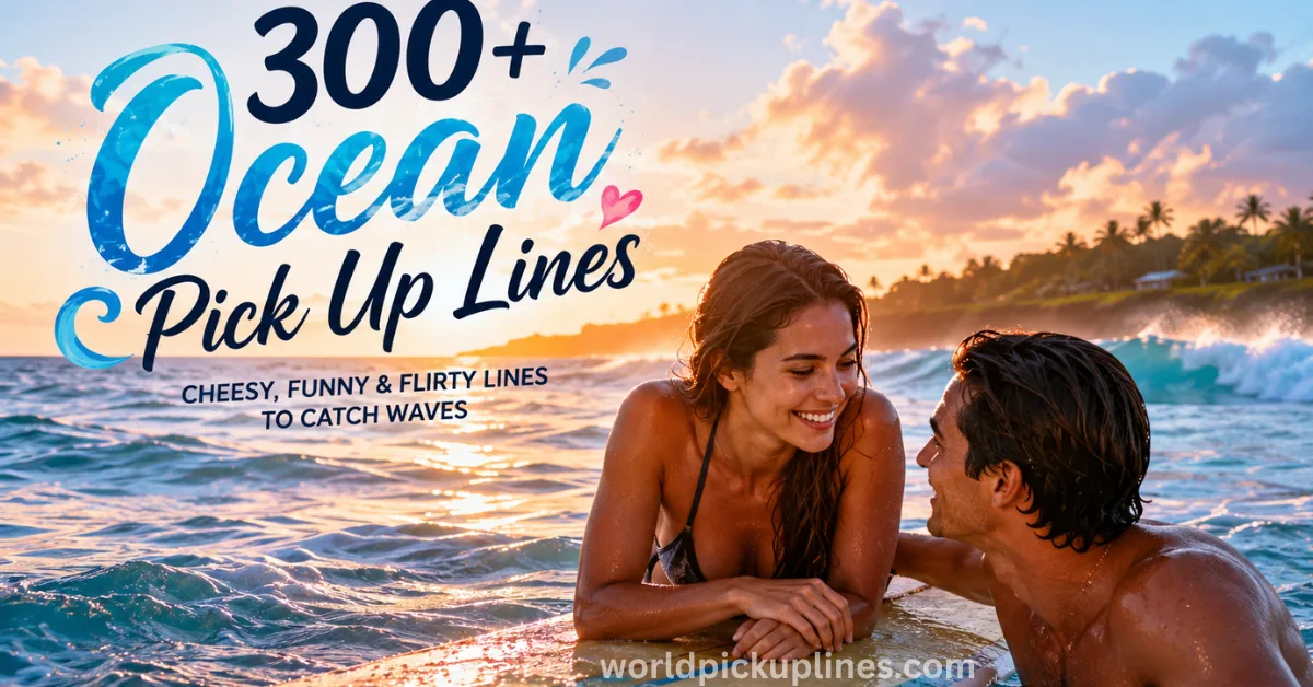 A smiling couple lying on a surfboard in the ocean at sunset with text reading "300+ Ocean Pick Up Lines."
