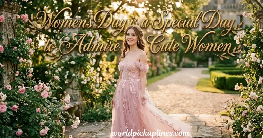 A woman in a pink off-the-shoulder gown standing in an ornate rose garden, with golden overlay text reading "Women's Day is a Special Day to Admire Cute Women."