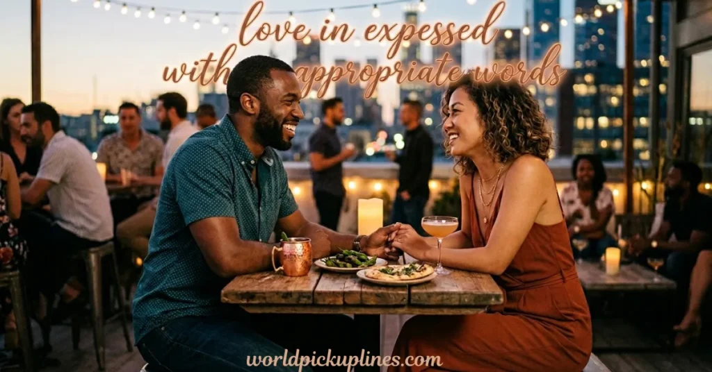 A couple holding hands and laughing at an outdoor rooftop restaurant, overlaid with text reading "love in expressed with appropriate words".