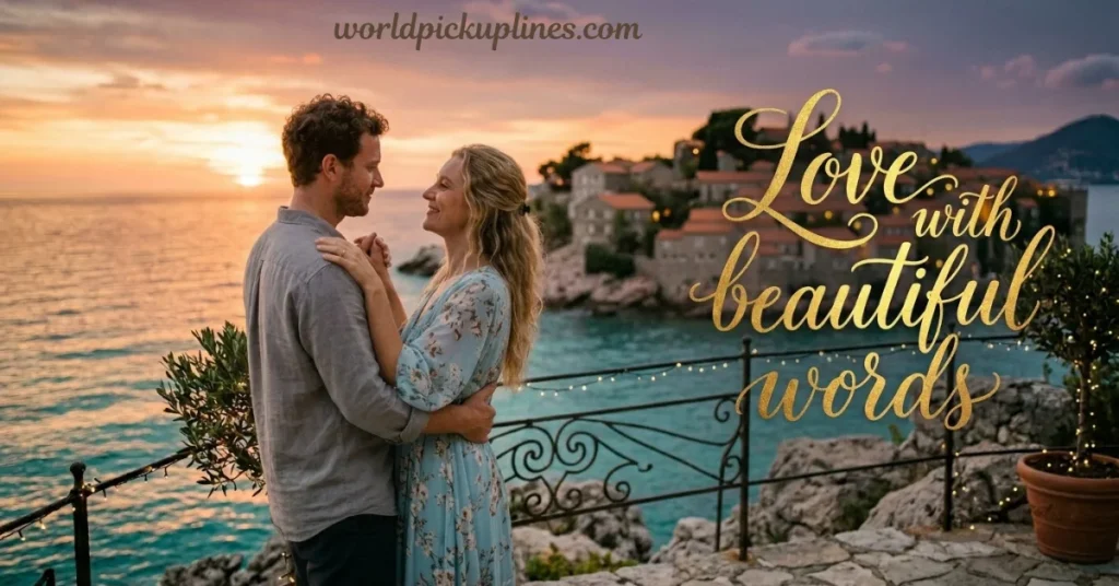 A couple embracing on a coastal terrace at sunset with text reading "Love with beautiful words."