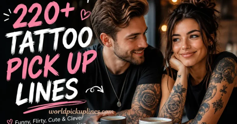 A man and woman with sleeve tattoos smiling at each other, accompanied by text reading "220+ Tattoo Pick Up Lines".