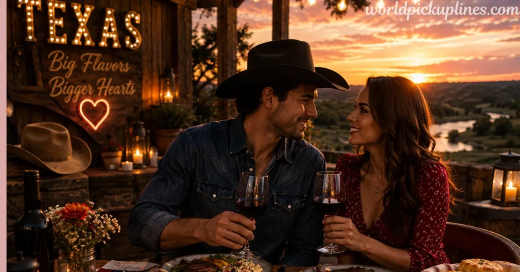A couple enjoying wine and dinner on an outdoor patio at sunset, with a sign reading "Texas: Big Flavors, Bigger Hearts" behind them.