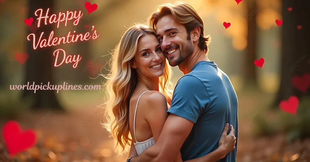 A smiling young couple embracing outdoors in warm sunlight, surrounded by floating red hearts and glowing "Happy Valentine's Day" text.
