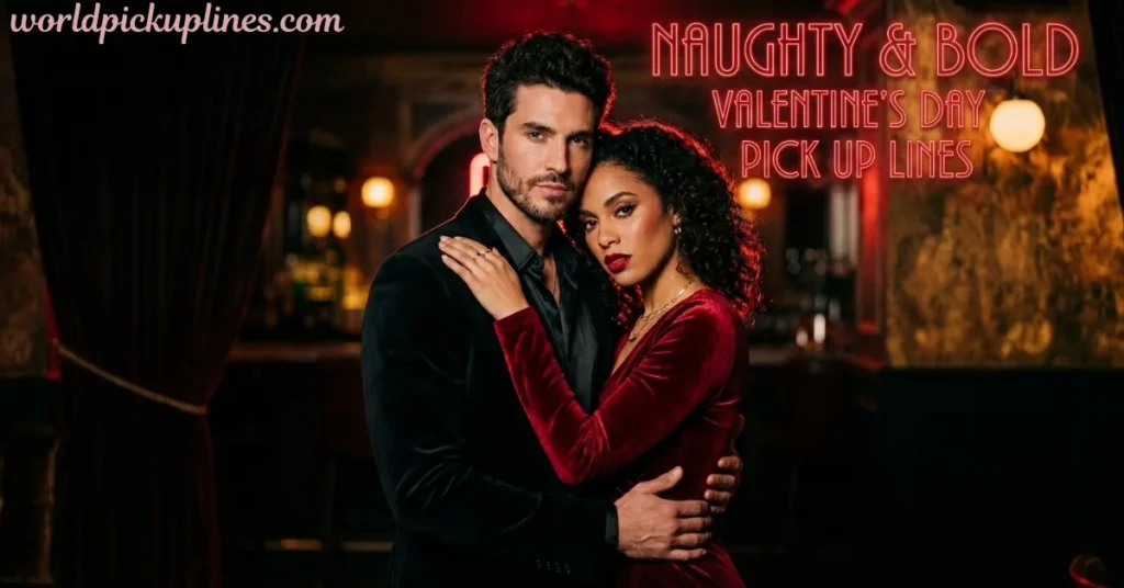 An elegantly dressed couple embracing in a dimly lit bar under red neon text that reads "NAUGHTY & BOLD VALENTINE'S DAY PICK UP LINES."