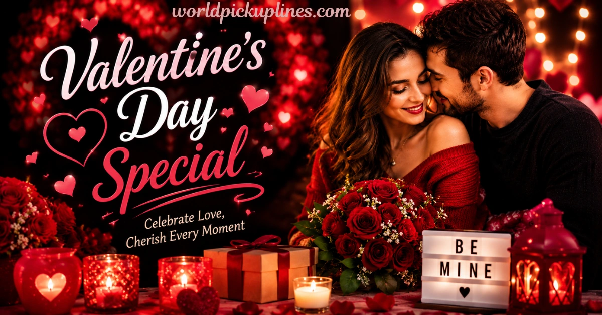 Romantic Valentine's Day banner featuring a smiling couple holding red roses surrounded by candles, gifts, and a light box that reads "BE MINE."
