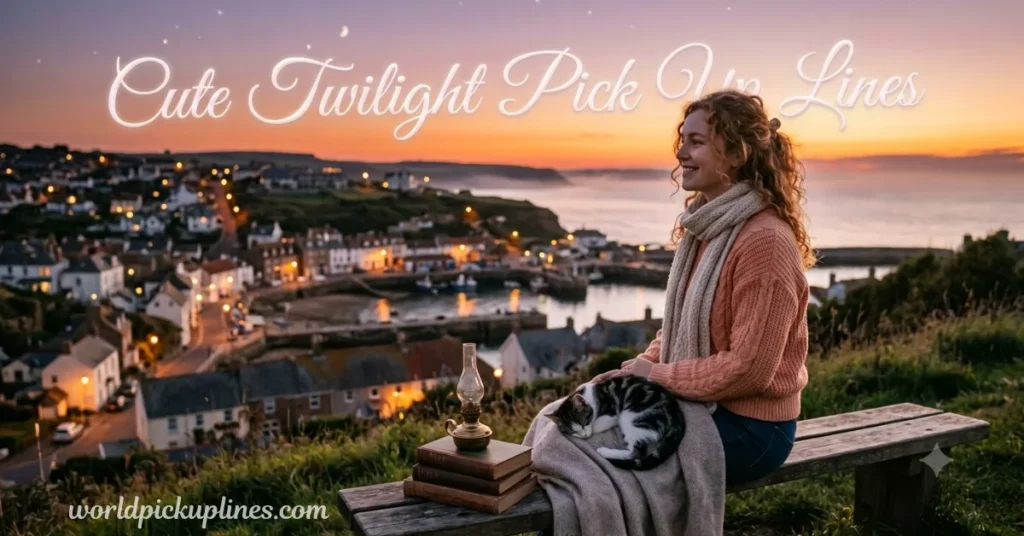 Smiling woman sitting on a bench at twilight with a cat on her lap, overlooking a coastal town.