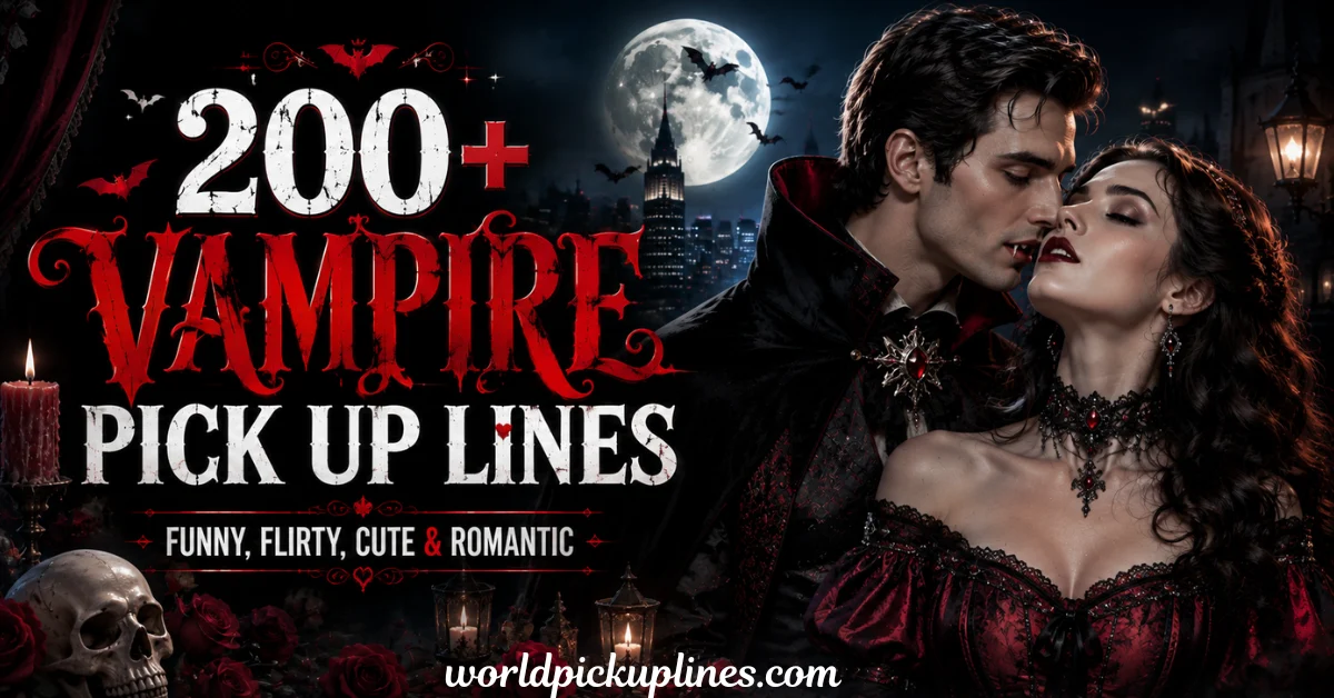 A male vampire leaning in to kiss a woman's neck under a full moon, with text reading "200+ Vampire Pick Up Lines."