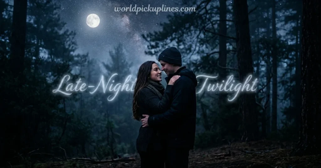 Couple embracing in a dark, moonlit forest with text reading "Late-Night Twilight" and "worldpickuplines.com".
