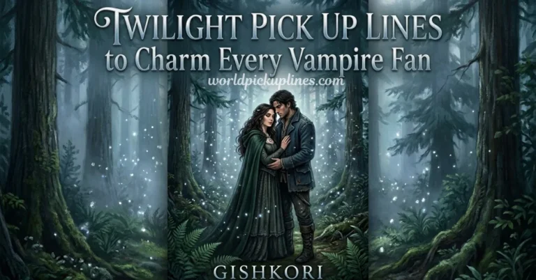 A couple embracing in a misty, enchanted forest, with text reading "Twilight Pick Up Lines to Charm Every Vampire Fan" above and "GISHKORI" at the bottom.